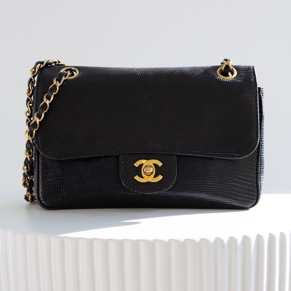 CHANEL Handbags - Chanel Vintage Small Classic Flap Exotic Lizard Leather 24K Gold CC Black Bag